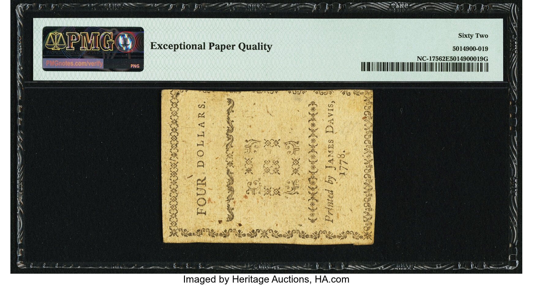 image for: State of North Carolina August 8, 1778 $4 A Lesson... Fr. NC-175 PMG Uncirculated 62 EPQ....