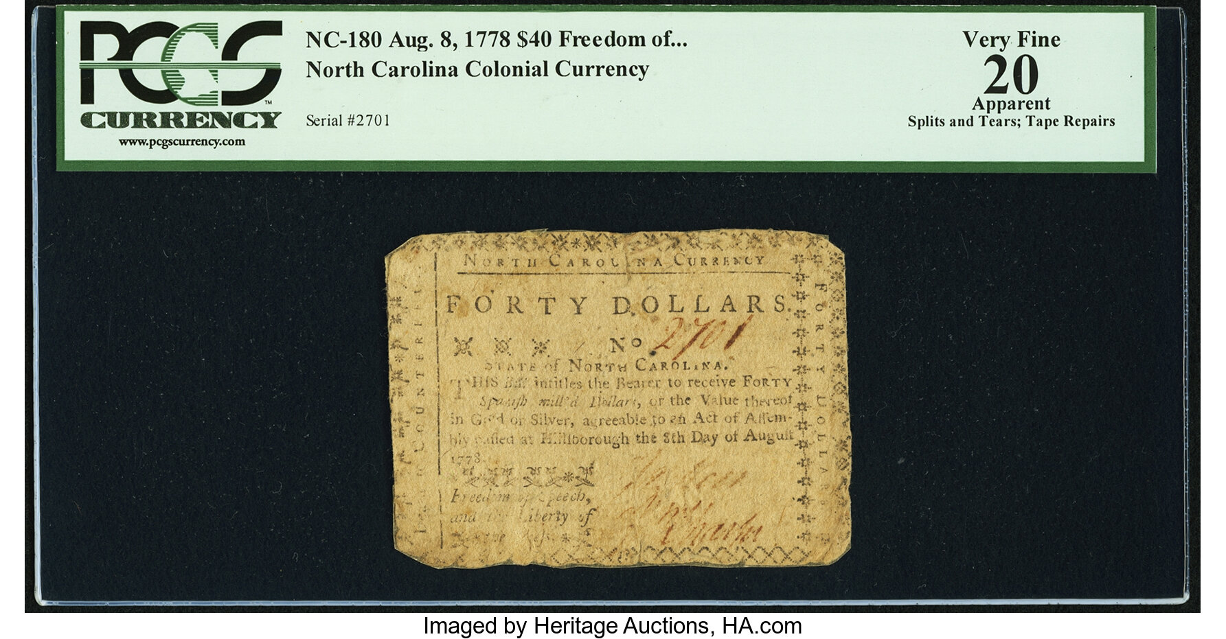 image for: North Carolina August 8, 1778 $40 Freedom of Speech... Fr. NC-180 Apparent PCGS Very Fine 20....