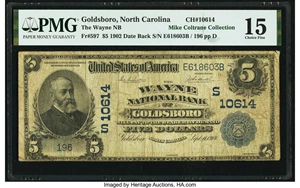image for: Goldsboro, NC - $5 1902 Date Back Fr. 597 The Wayne National Bank Ch. # (S)10614 PMG Choice Fine 15....