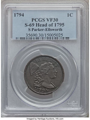 image for: 1794 1C Head of 1795, S-69, B-61, R.3 VF30 PCGS....