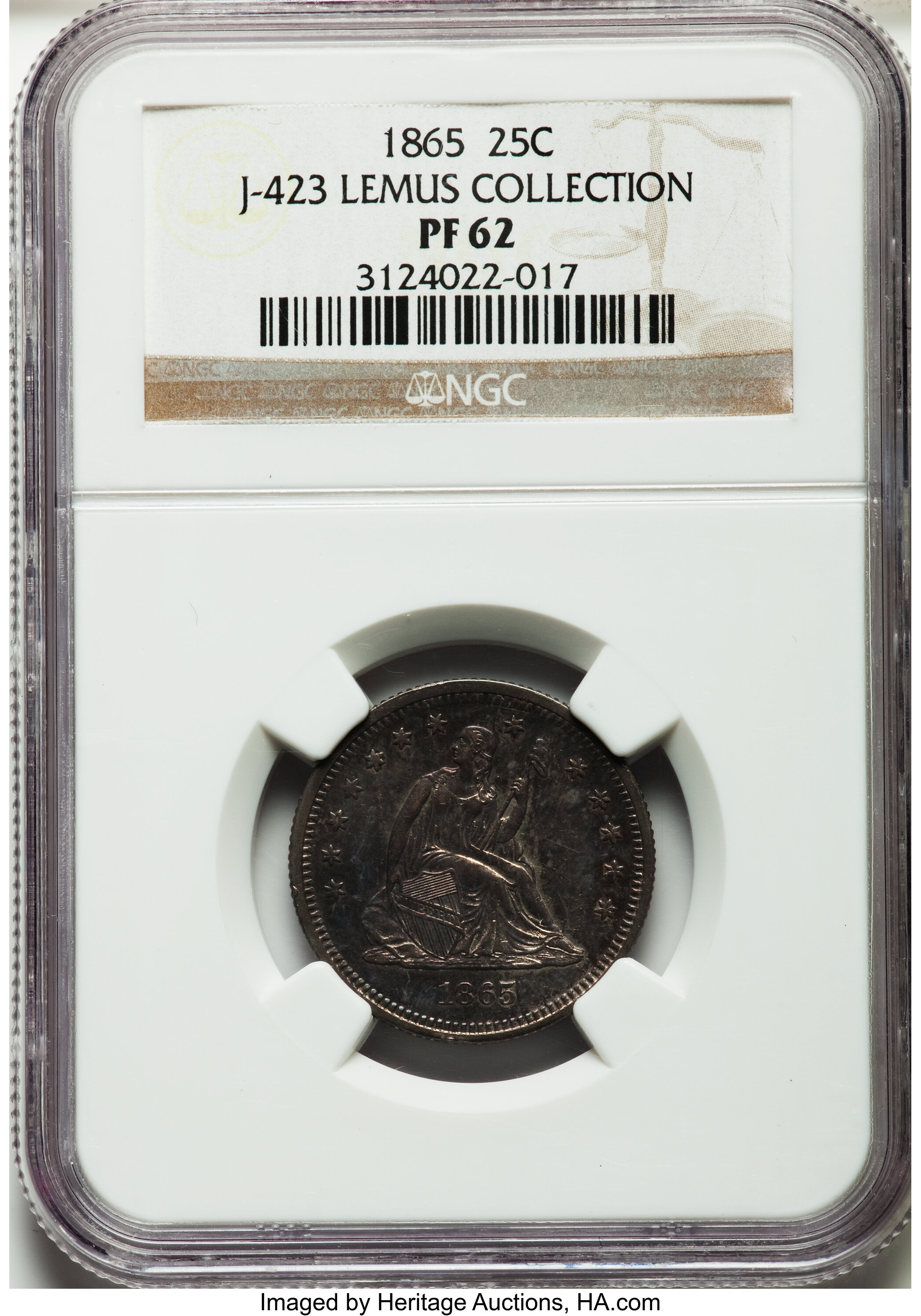 image for: 1865 25C Quarter Dollar, Judd-423, Pollock-495, Low R.7, PR62 NGC....