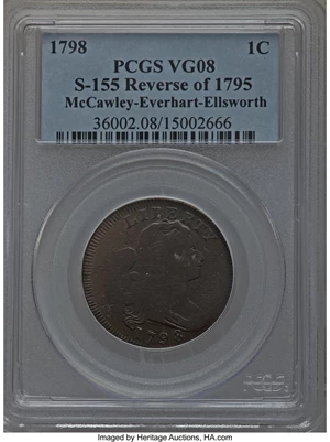 image for: 1798 1C Reverse of 1796, S-155, B-9, R.3 VG8 PCGS. Terminal die state. Breen Die State VI. Our EAC grade VG8. Ex: C...