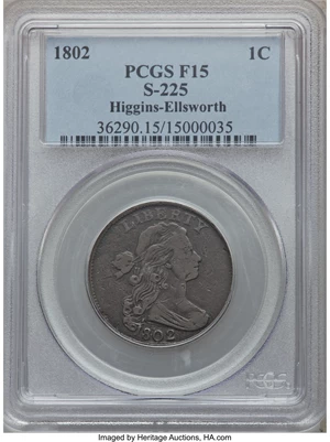 image for: 1802 1C S-225, B-1, R.3 Fine 15 PCGS. Middle die state. Breen Die State IV. Our EAC grade VG10.Purchased form John ...