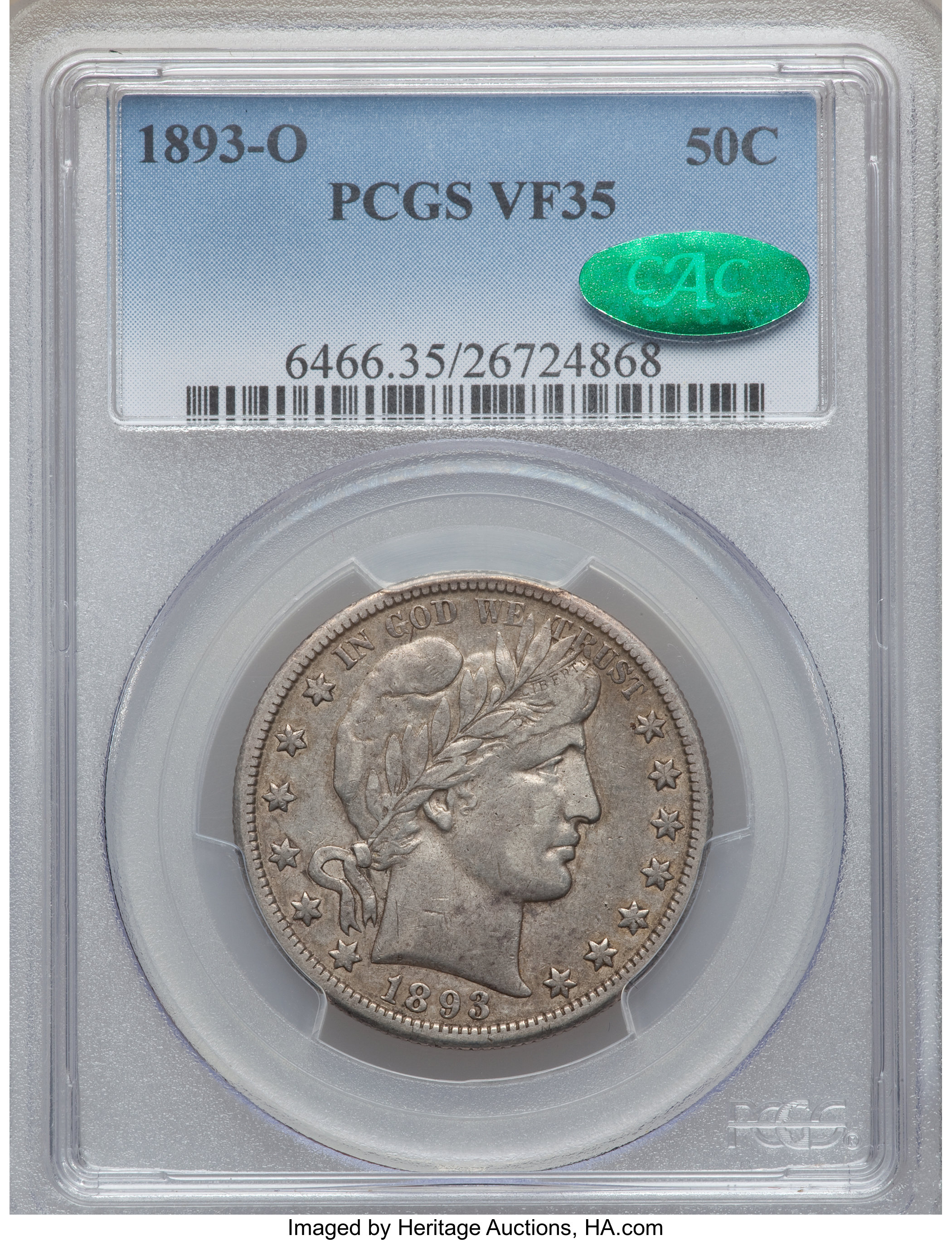 1893-O 50C VF35 PCGS. CAC. PCGS Population (8/227). NGC Census: (2/167). Mintage: 1,389,000. Numismedia Wsl. Price for prob...