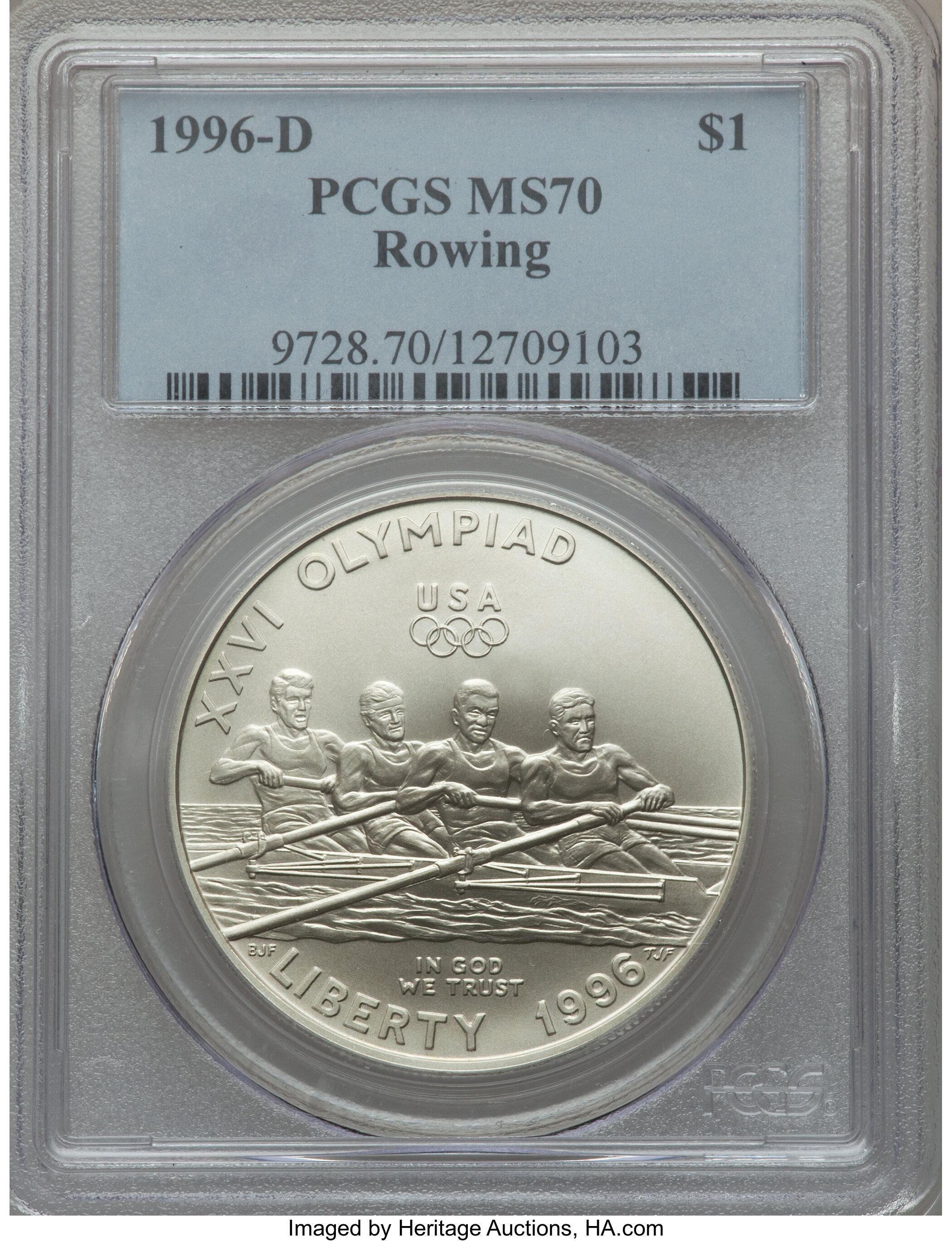 1996-D $1 Olympic/Rowing Silver Dollar MS70 PCGS. PCGS Population (123). NGC Census: (118). Numismedia Wsl. Price for prob...