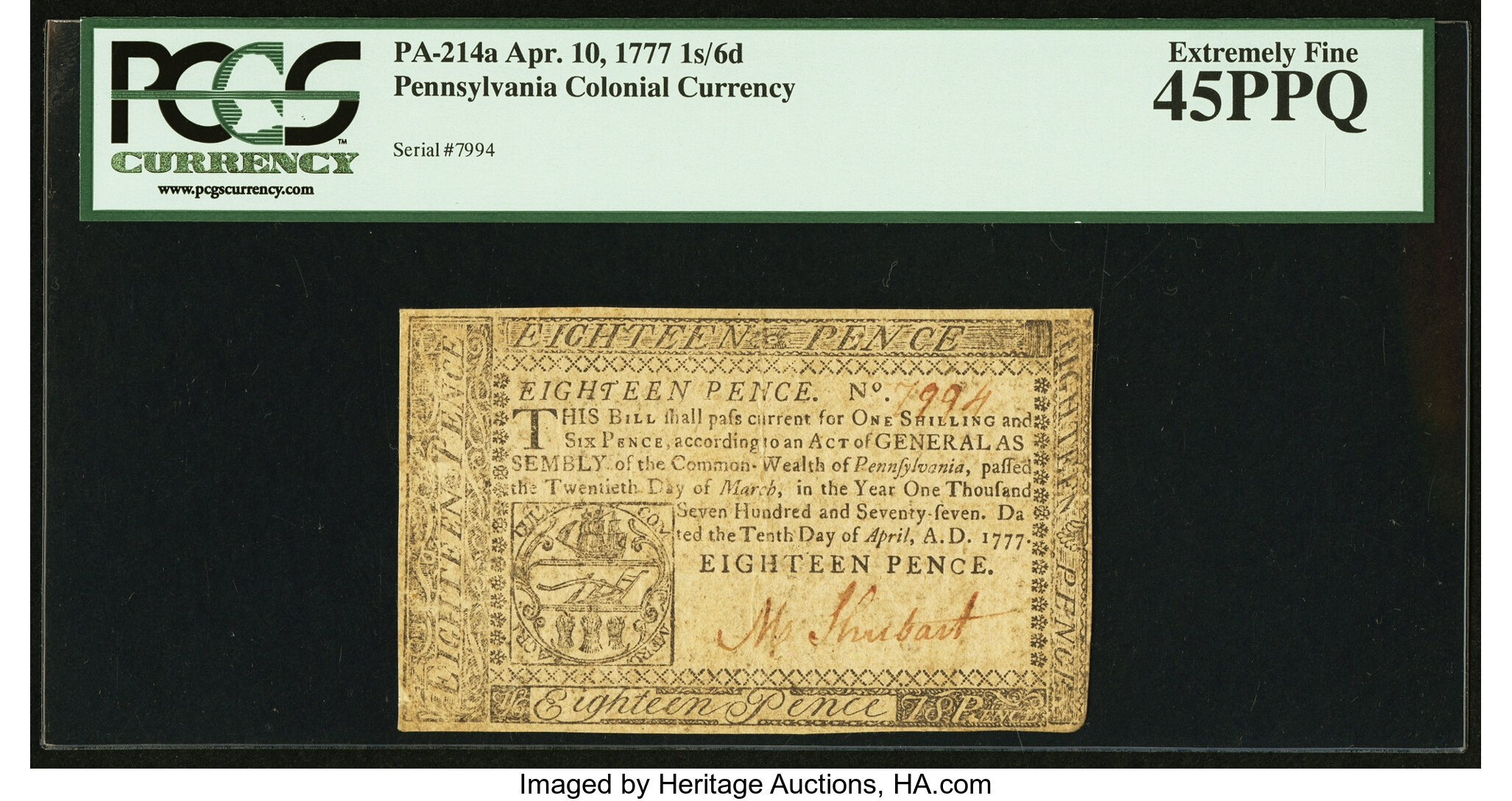 image for: Pennsylvania April 10, 1777 1s6d PCGS Extremely Fine 45PPQ....