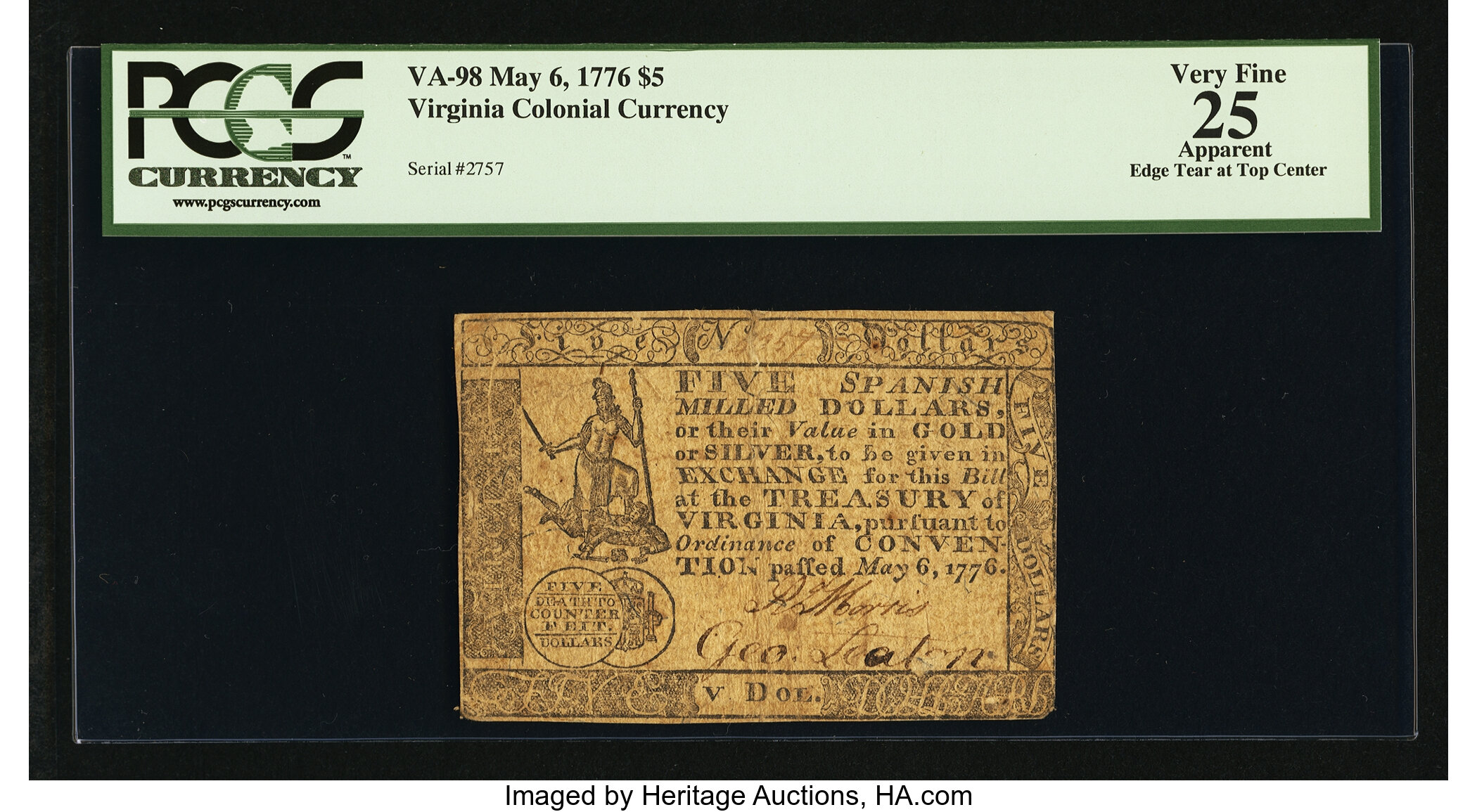 image for: Virginia May 6, 1776 $5 PCGS Apparent Very Fine 25....
