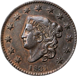 image for: 1831 Matron Head Cent. N-12. Rarity-1. Noyes Die State F/B. Large Letters. AU-58 (ANACS).