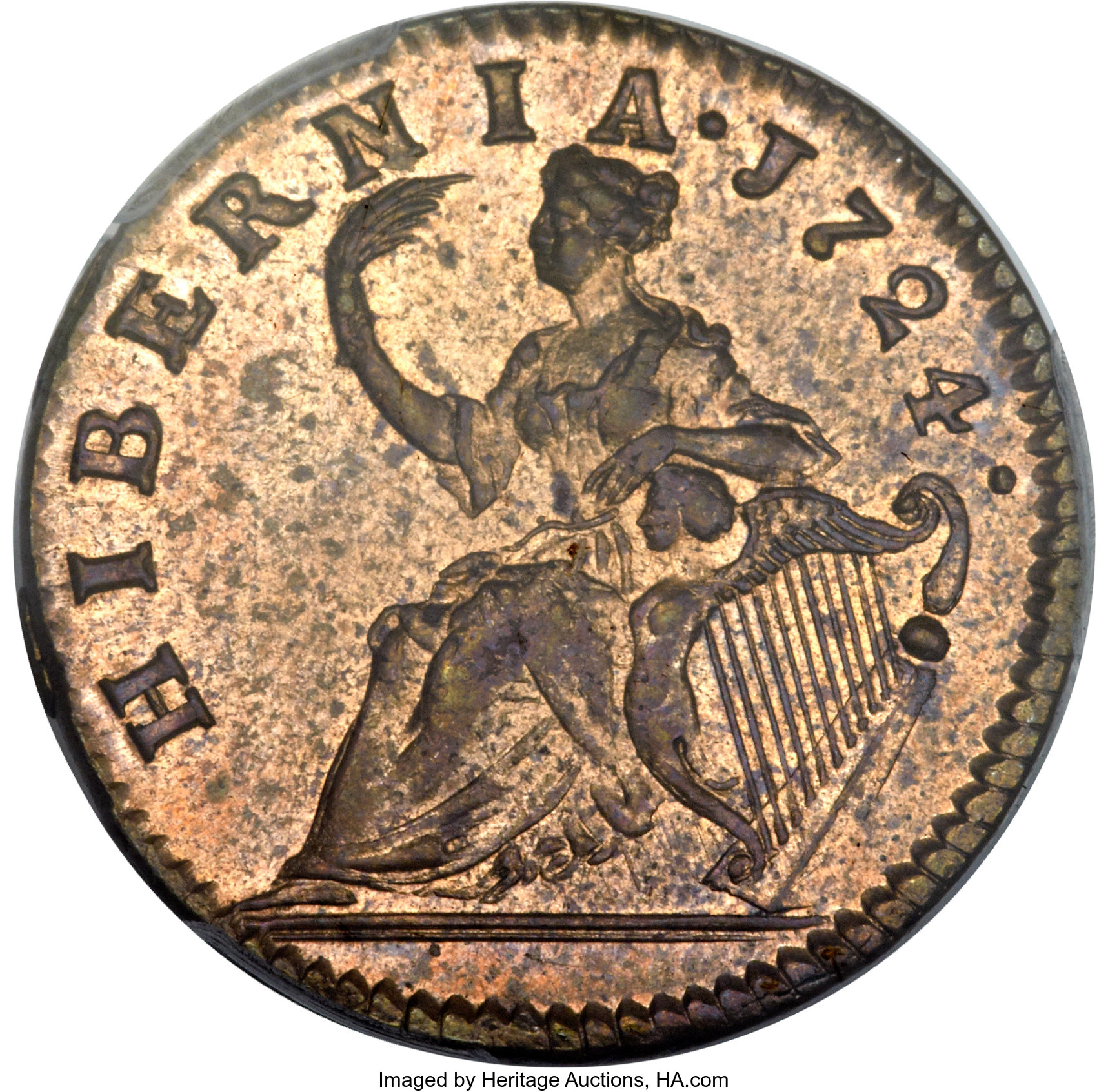 image for: 1724 1/2P Hibernia Halfpenny MS64+ Red and Brown PCGS. CAC. M. 4.51-K.4, W-13690, R.2....