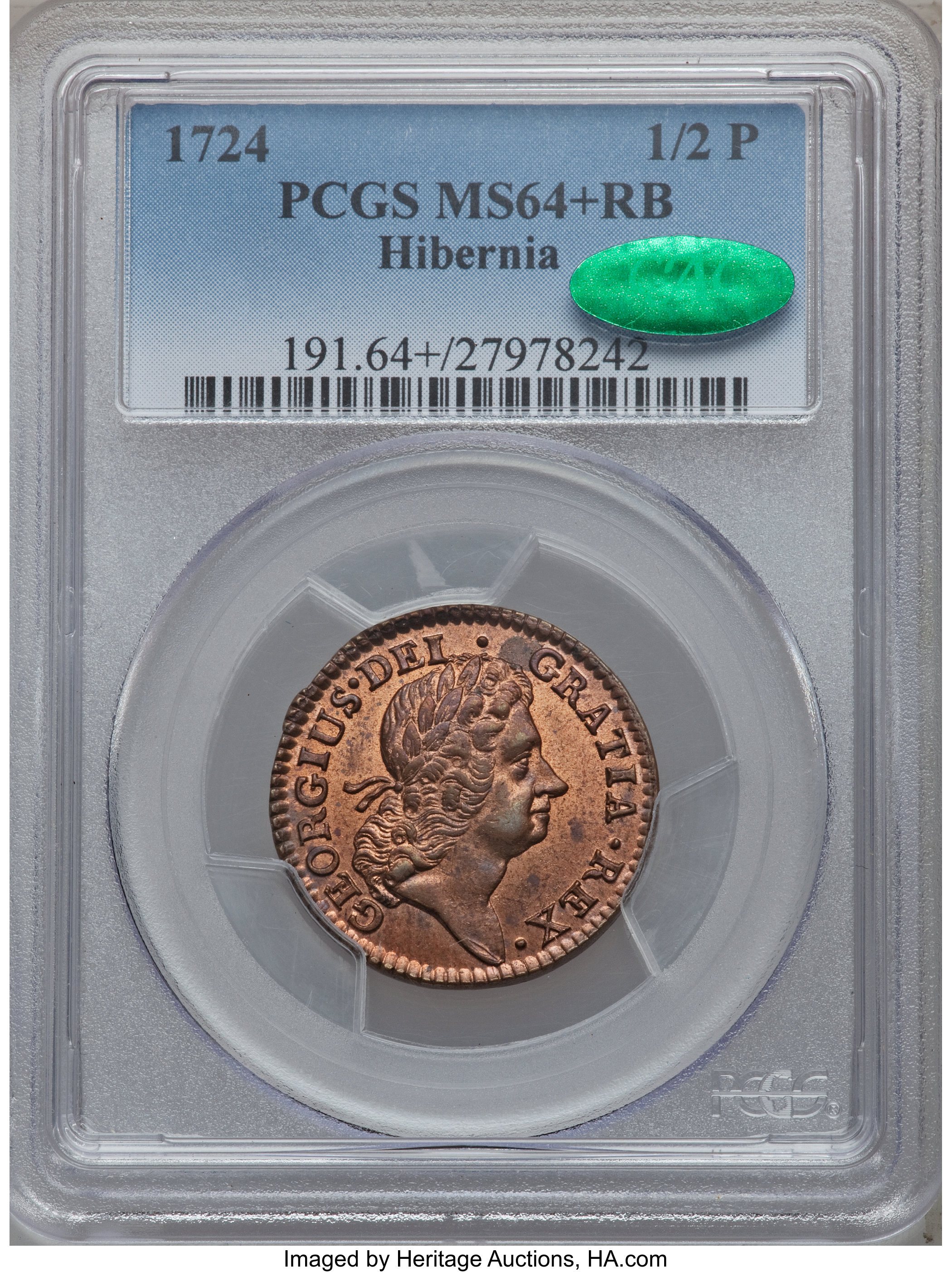 image for: 1724 1/2P Hibernia Halfpenny MS64+ Red and Brown PCGS. CAC. M. 4.51-K.4, W-13690, R.2....