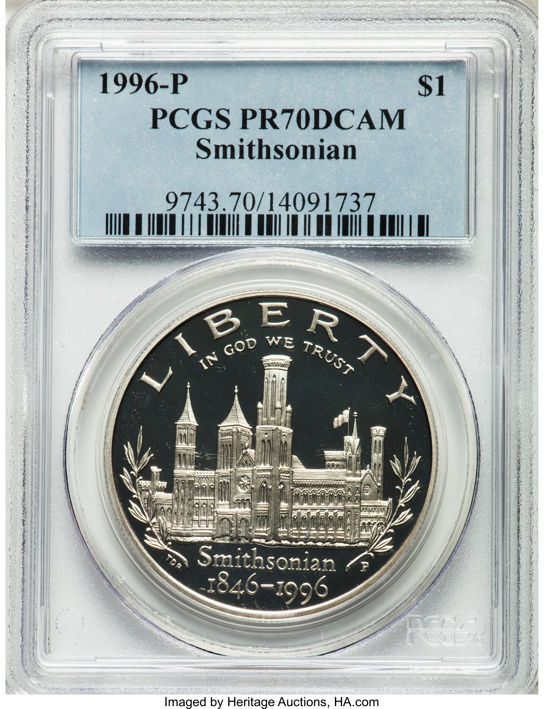 1996-P $1 Smithsonian Silver Dollar PR70 Deep Cameo PCGS. PCGS Population (45). NGC Census: (45). Mintage: 129,152. Numisme...