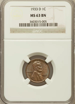 image for: 1933-D 1C MS63 Brown NGC. NGC Census: (10/7). PCGS Population (4/13). Mintage: 6,200,000. Numismedia Wsl. Price for problem...
