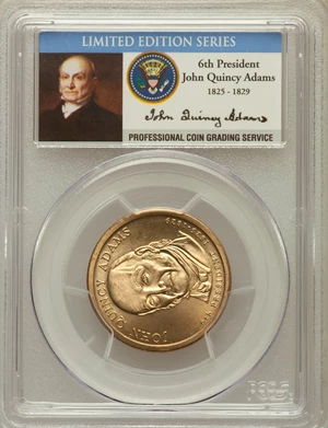 image for: (2008) $1 John Quincy Adams, Missing Edge Lettering, Satin Finish MS67 PCGS. PCGS Population (0/0). NGC Census: (0/0). ...