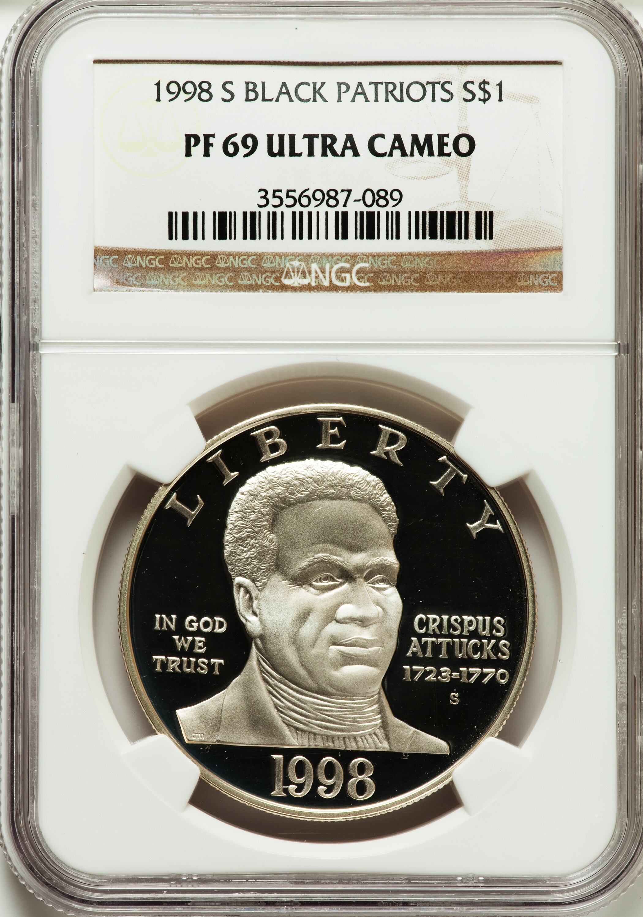 1998-S $1 Black Patriots Silver Dollar PR69 Ultra Cameo NGC. NGC Census: (1263/53). PCGS Population (1329/64). Numismedia ...