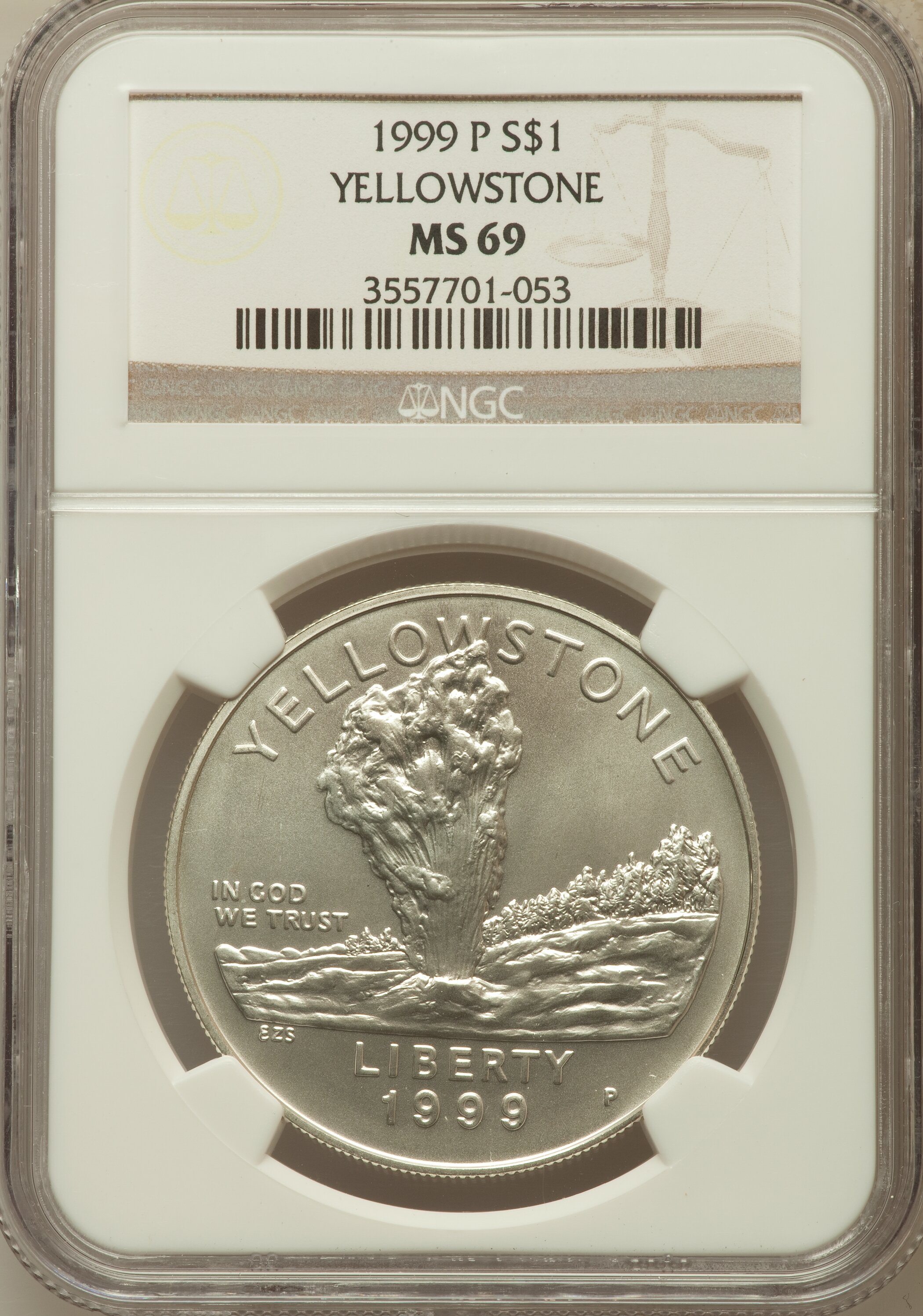 1999-P $1 Yellowstone Silver Dollar MS69 NGC. NGC Census: (1234/448). PCGS Population (1949/256). Numismedia Wsl. Price fo...