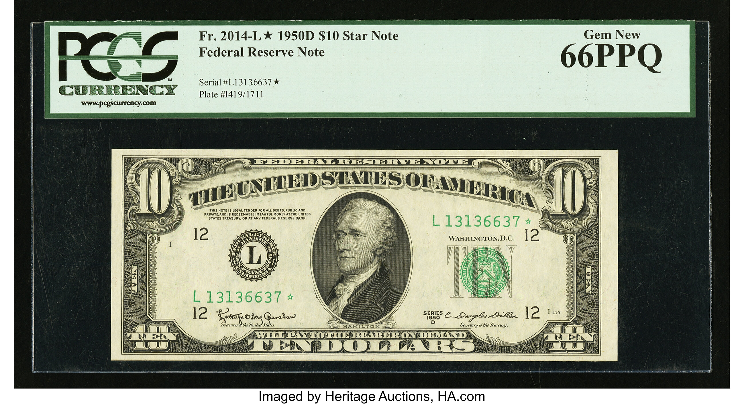image for: Fr. 2014-L* $10 1950D Federal Reserve Note. PCGS Gem New 66PPQ....