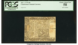image for: Radar Serial Number Connecticut July 1, 1775 20s Slash Cancel PCGS Choice About New 58....