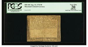 image for: Maryland August 14, 1776 $8 PCGS Apparent Very Fine 20....