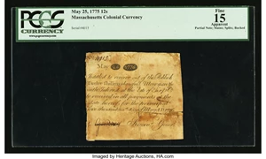 image for: Massachusetts May 25, 1775 12s PCGS Apparent Fine 15....