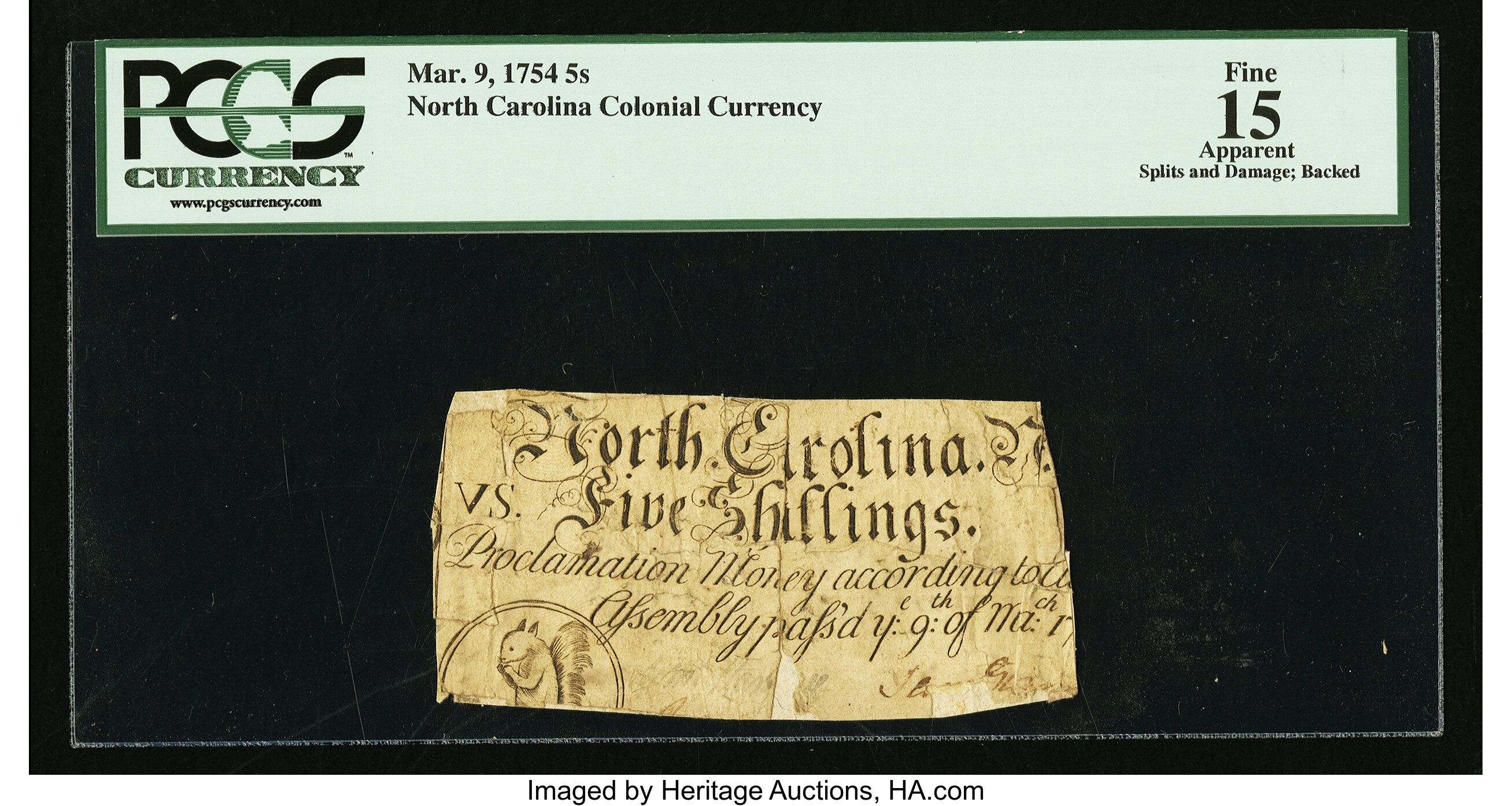 image for: North Carolina March 9, 1754 5s PCGS Apparent Fine 15....