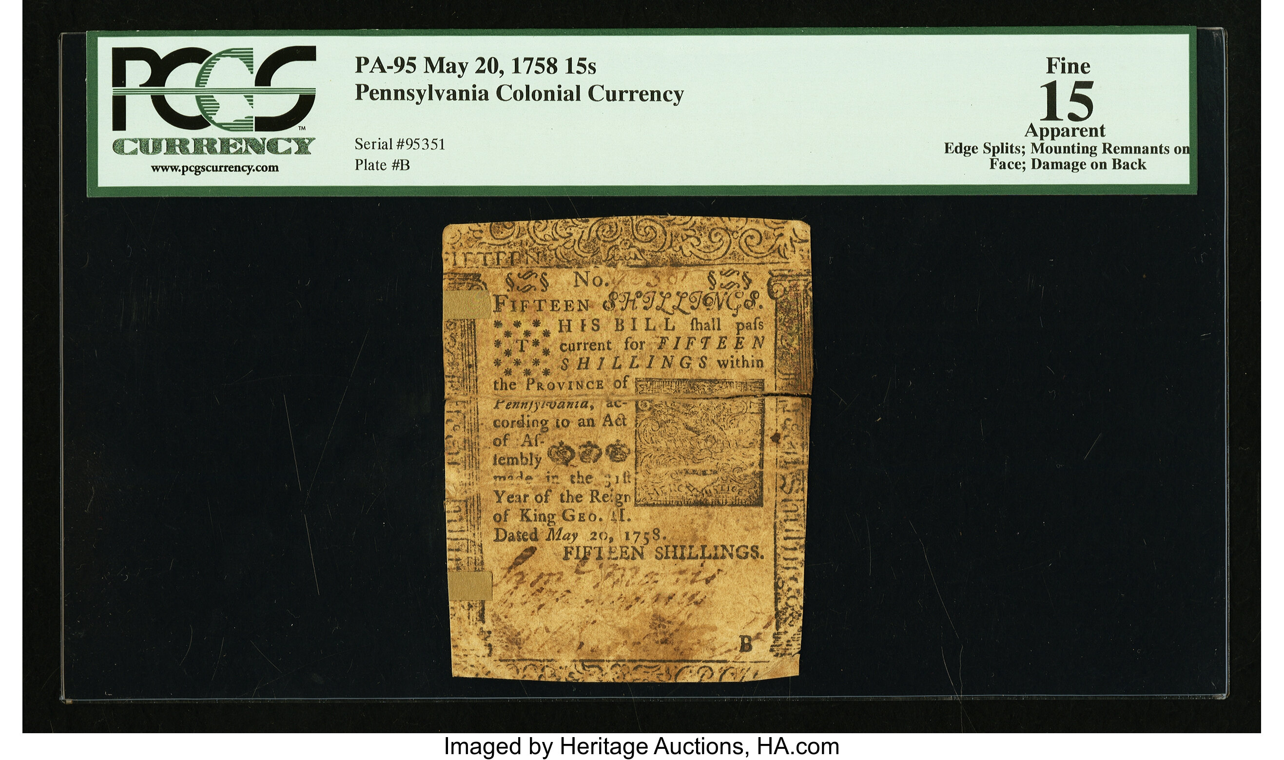 image for: Pennsylvania May 20, 1758 15s PCGS Apparent Fine 15....