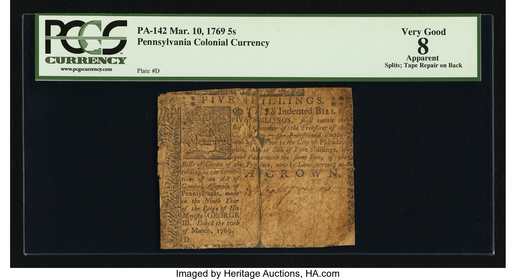 image for: Pennsylvania March 10, 1769 5s PCGS Apparent Very Good 08....