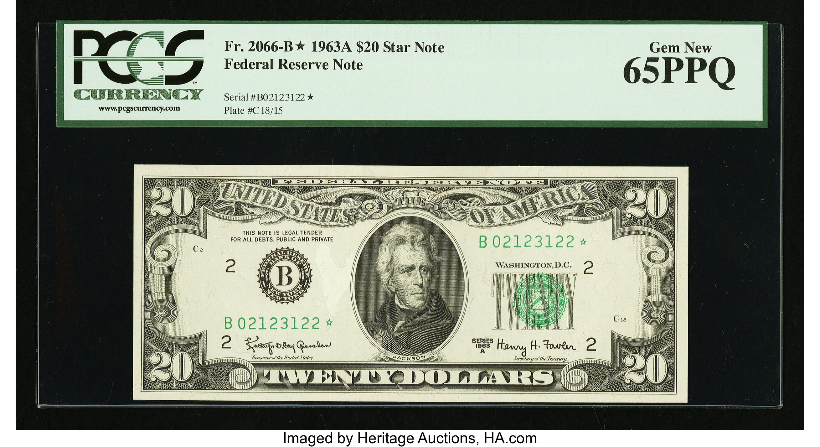 image for: Fr. 2066-B* $20 1963A Federal Reserve Note. PCGS Gem New 65PPQ....