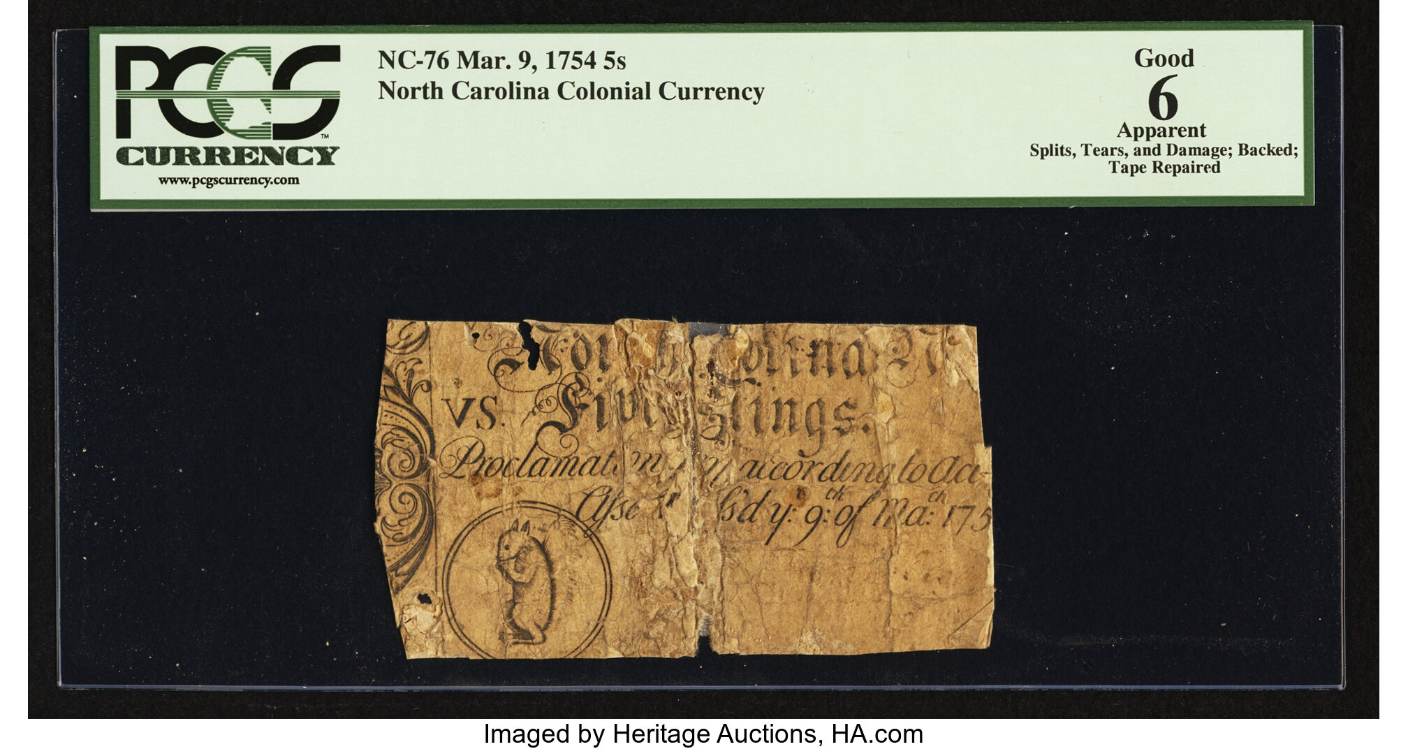 image for: North Carolina March 9, 1754 5s PCGS Apparent Good 06....