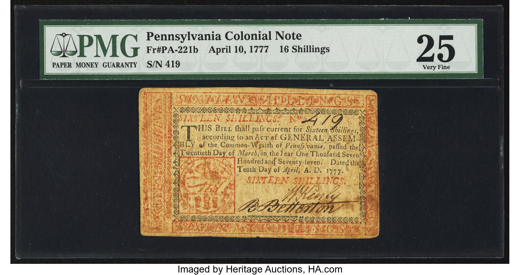 image for: Pennsylvania April 10, 1777 16s PMG Very Fine 25....