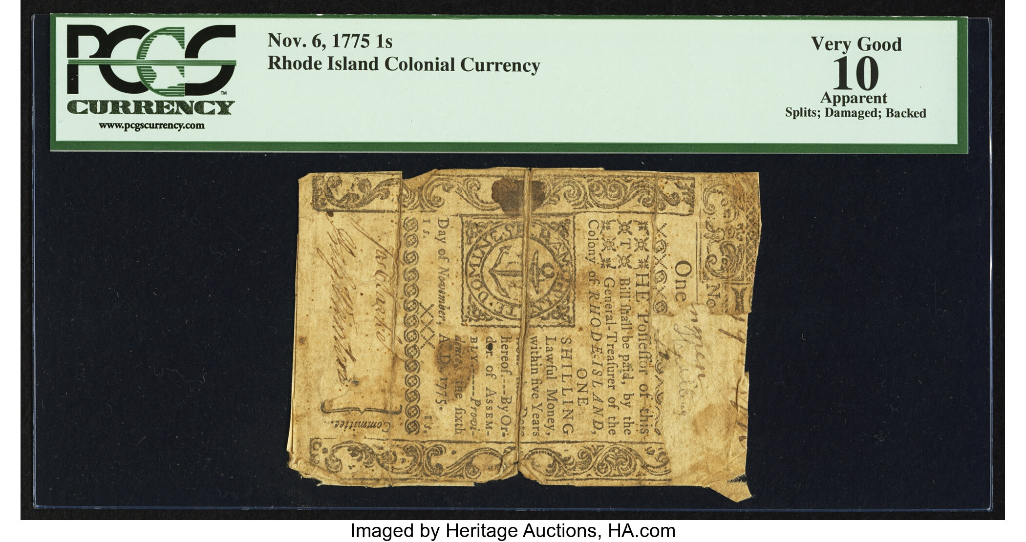 image for: Rhode Island November 6, 1775 1s PCGS Apparent Very Good 10....