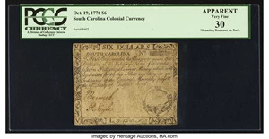 image for: South Carolina October 19, 1776 $6 PCGS Apparent Very Fine 30....