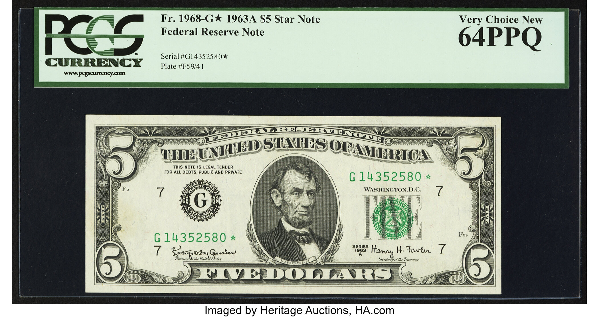 image for: Fr. 1968-G* $5 1963A Federal Reserve Star Note. PCGS Very Choice New 64PPQ....
