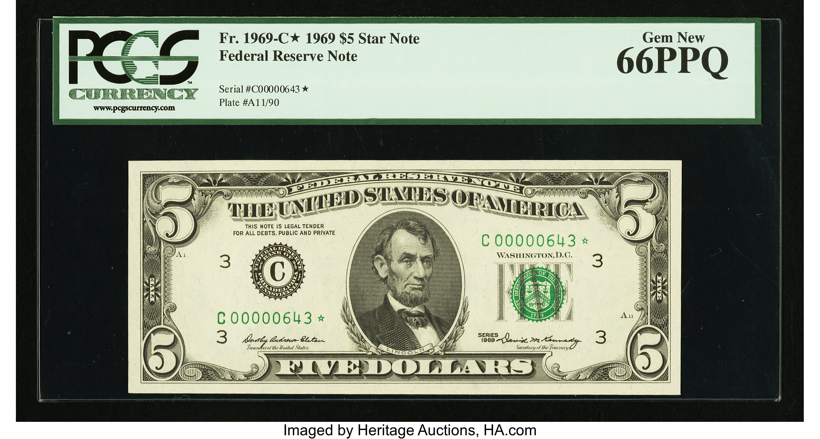 image for: Fr. 1969-C* $5 1969 Federal Reserve Star Note. PCGS Gem New 66PPQ....