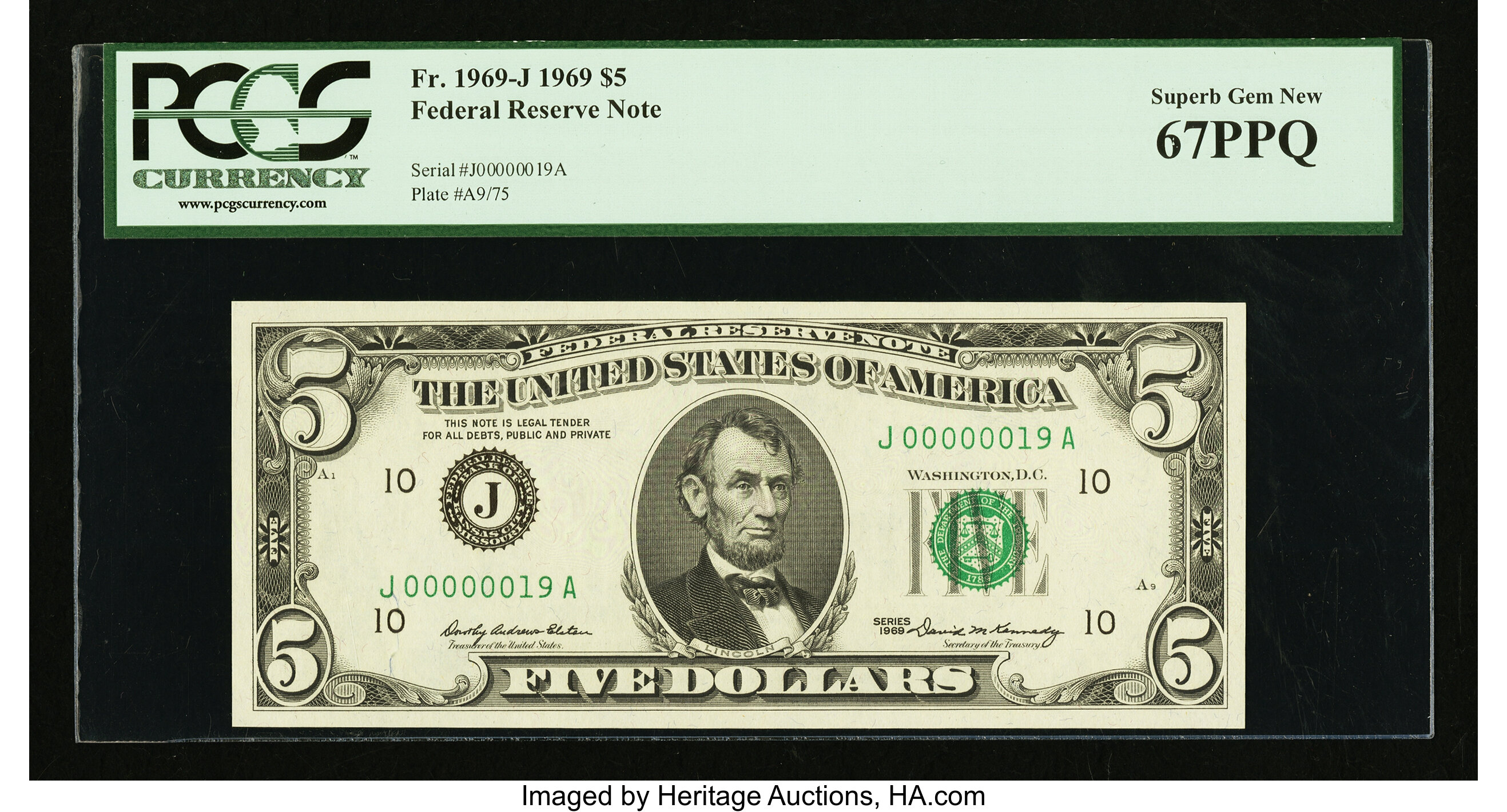 image for: Low Serial Number J00000019A Fr. 1969-J $5 1969 Federal Reserve Note. PCGS Superb Gem New 67PPQ....
