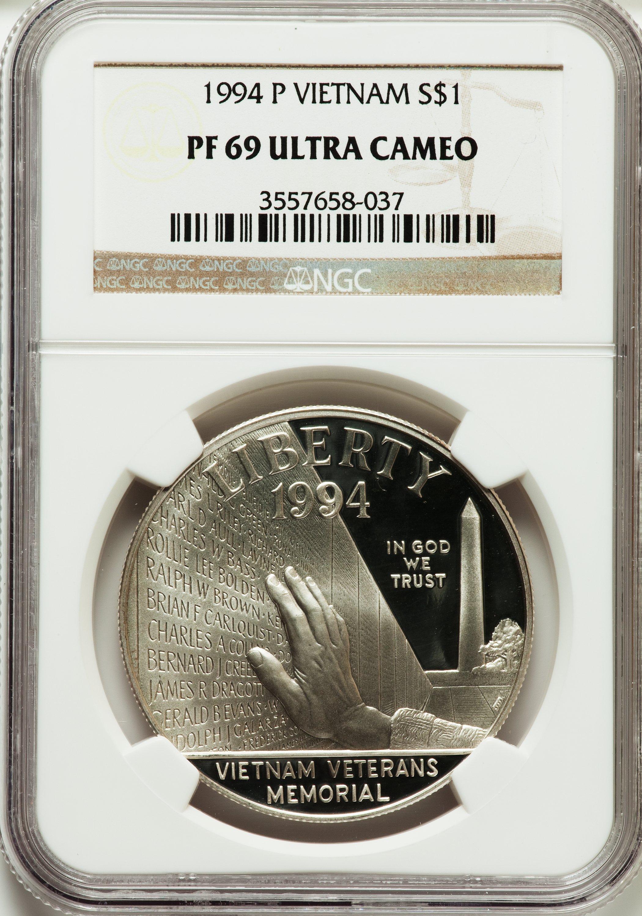 1994-P $1 Vietnam Veterans Memorial Silver Dollar PR69 Ultra Cameo NGC. NGC Census: (2602/12). PCGS Population (2227/38). M...