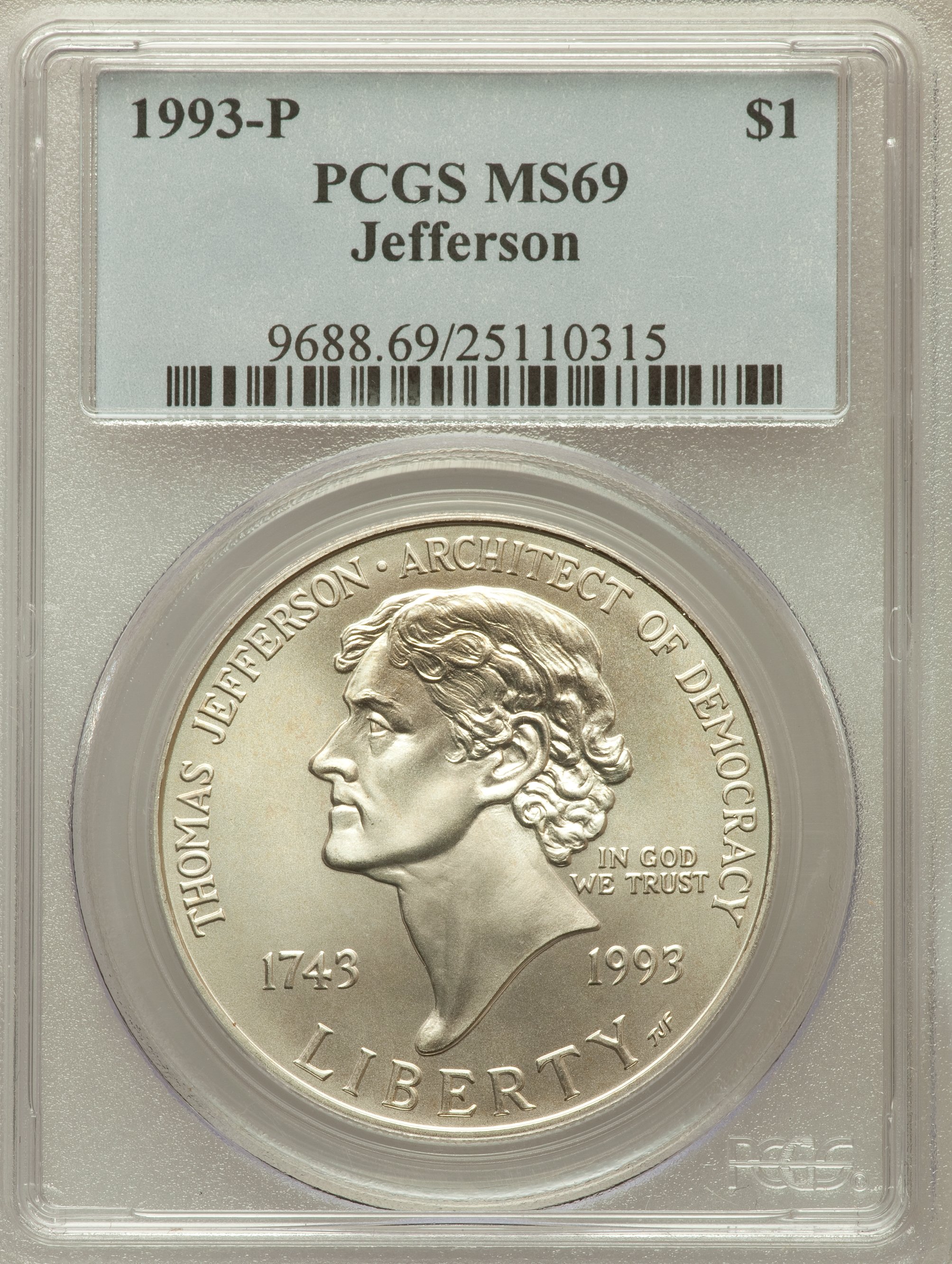 1993-P $1 Jefferson Silver Dollar MS69 PCGS. PCGS Population (3523/320). NGC Census: (1918/630). Mintage: 266,927. Numismed...