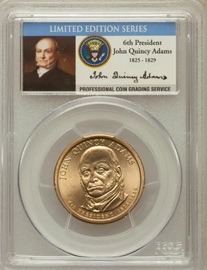 image for: (2008) $1 John Quincy Adams, Missing Edge Lettering, Satin Finish SP66 PCGS. PCGS Population (0/0). NGC Census: (0/0)....