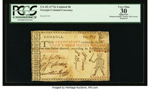 image for: Georgia 1776 $8 PCGS Apparent Very Fine 30....