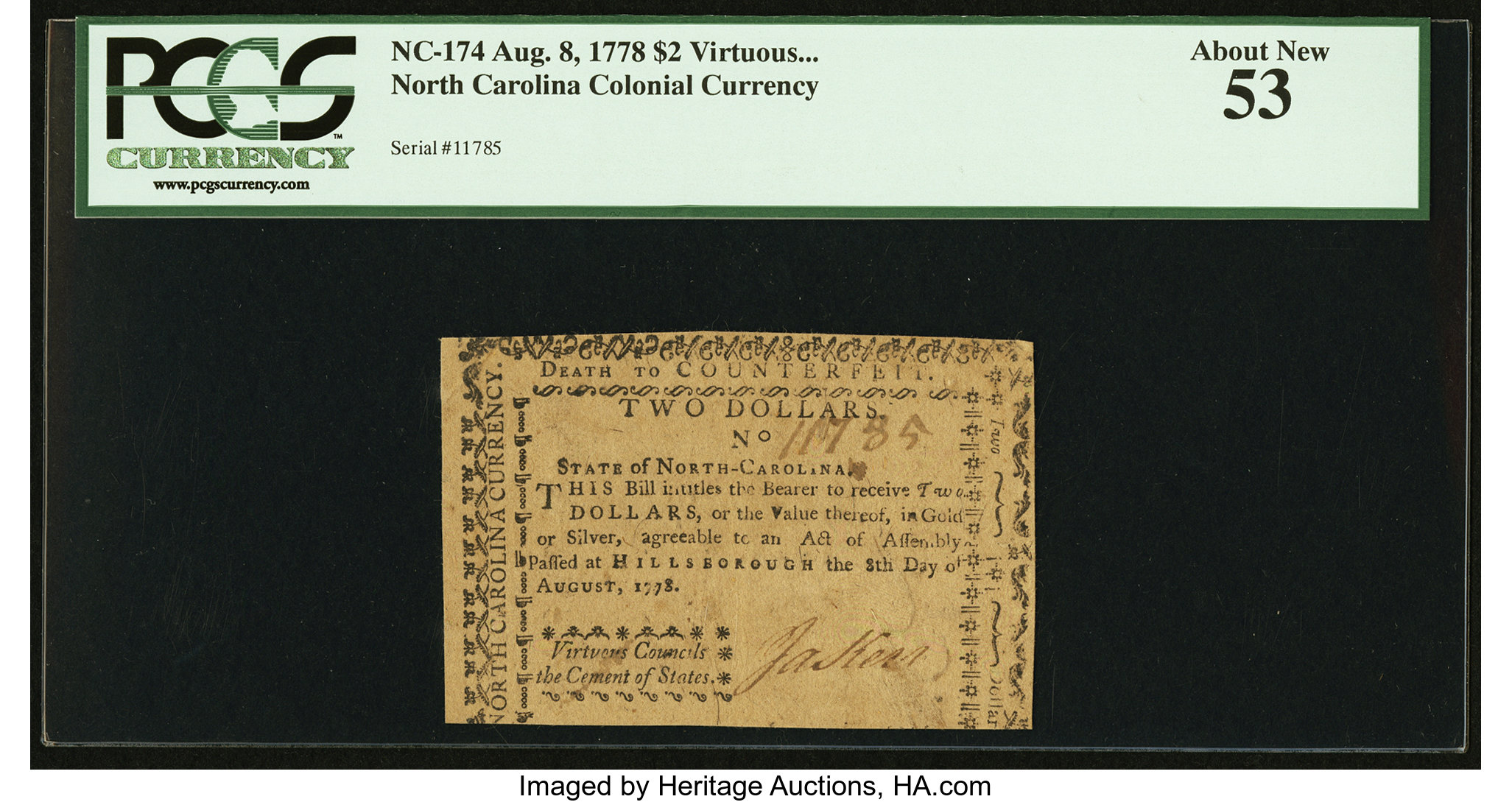 image for: North Carolina August 8, 1778 $2 Virtuous Councils the Cement of States PCGS About New 53....