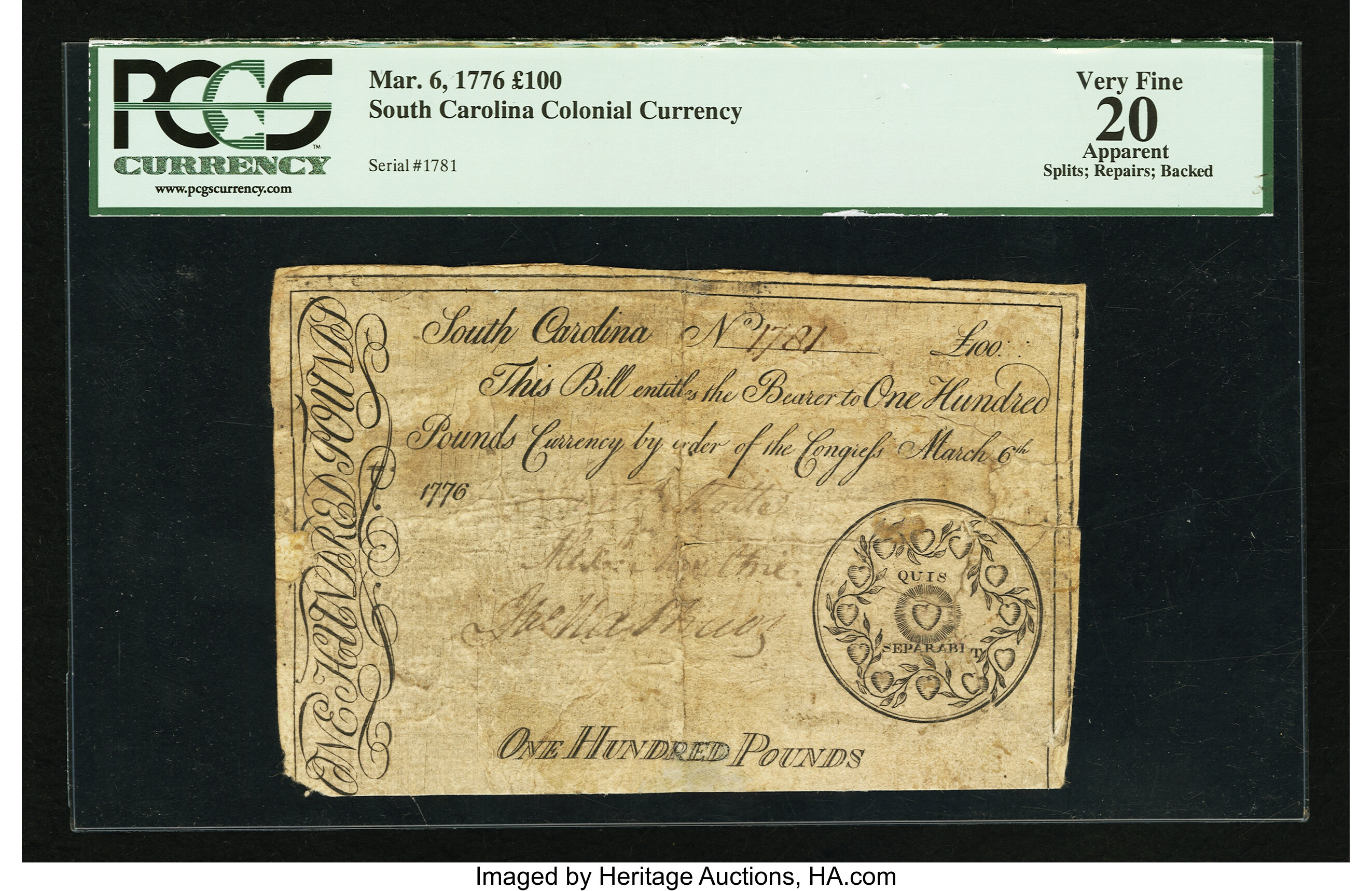 image for: South Carolina March 6, 1776 £100 PCGS Apparent Very Fine 20....
