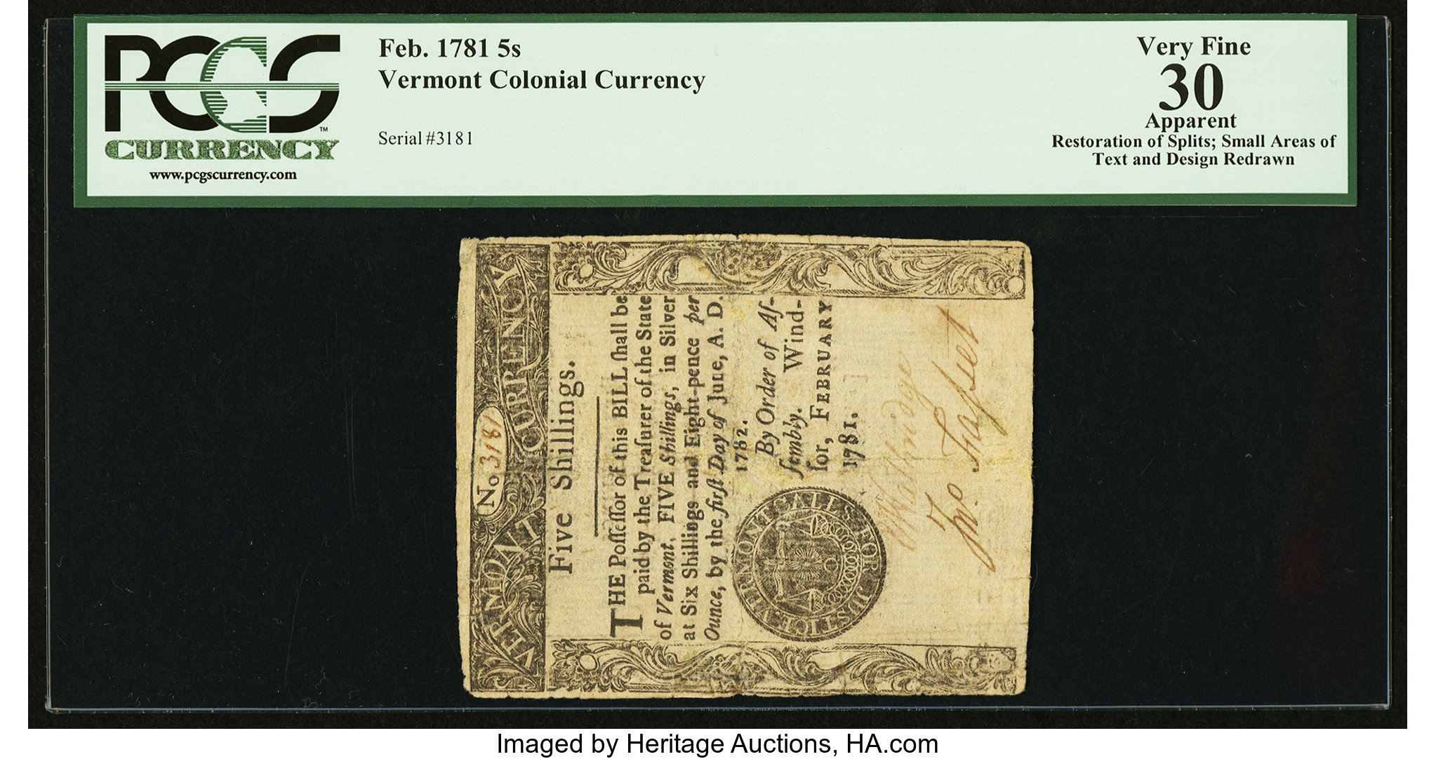 image for: Vermont February 1781 5s PCGS Apparent Very Fine 30....