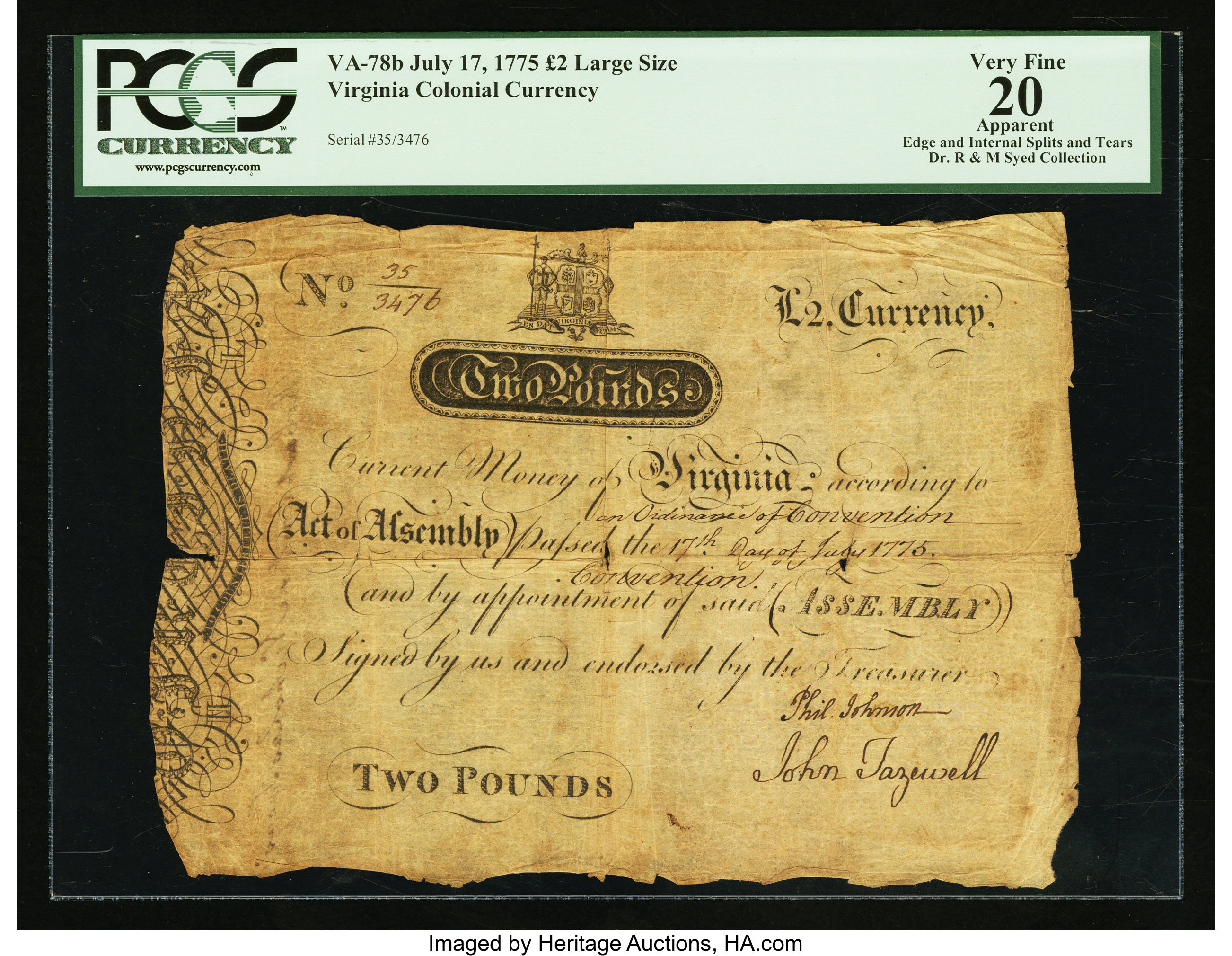 image for: Virginia July 17, 1775 £2 PCGS Apparent Very Fine 20....