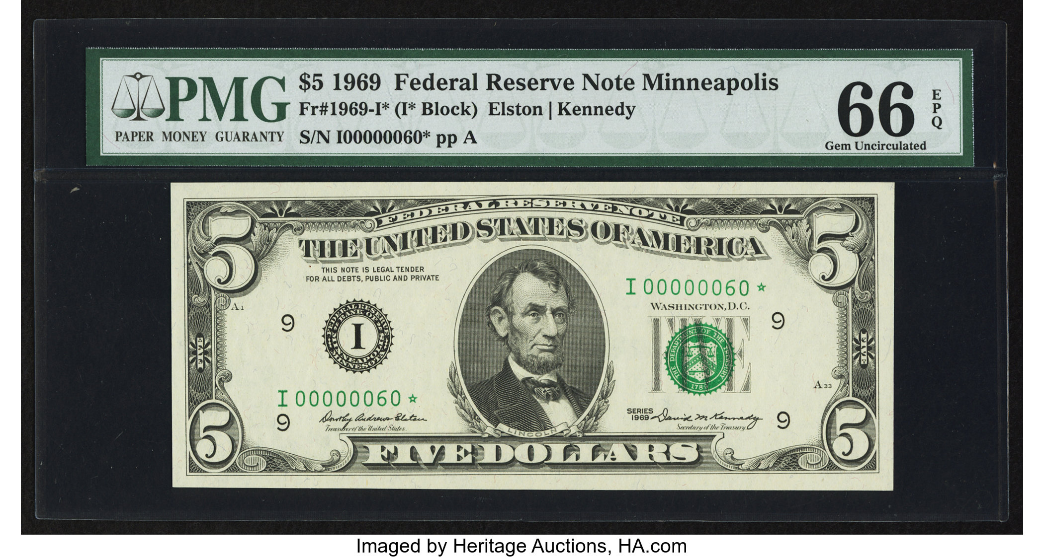 image for: Low Serial Number I00000060* Fr. 1969-I* $5 1969 Federal Reserve Note. PMG Gem Uncirculated 66 EPQ....