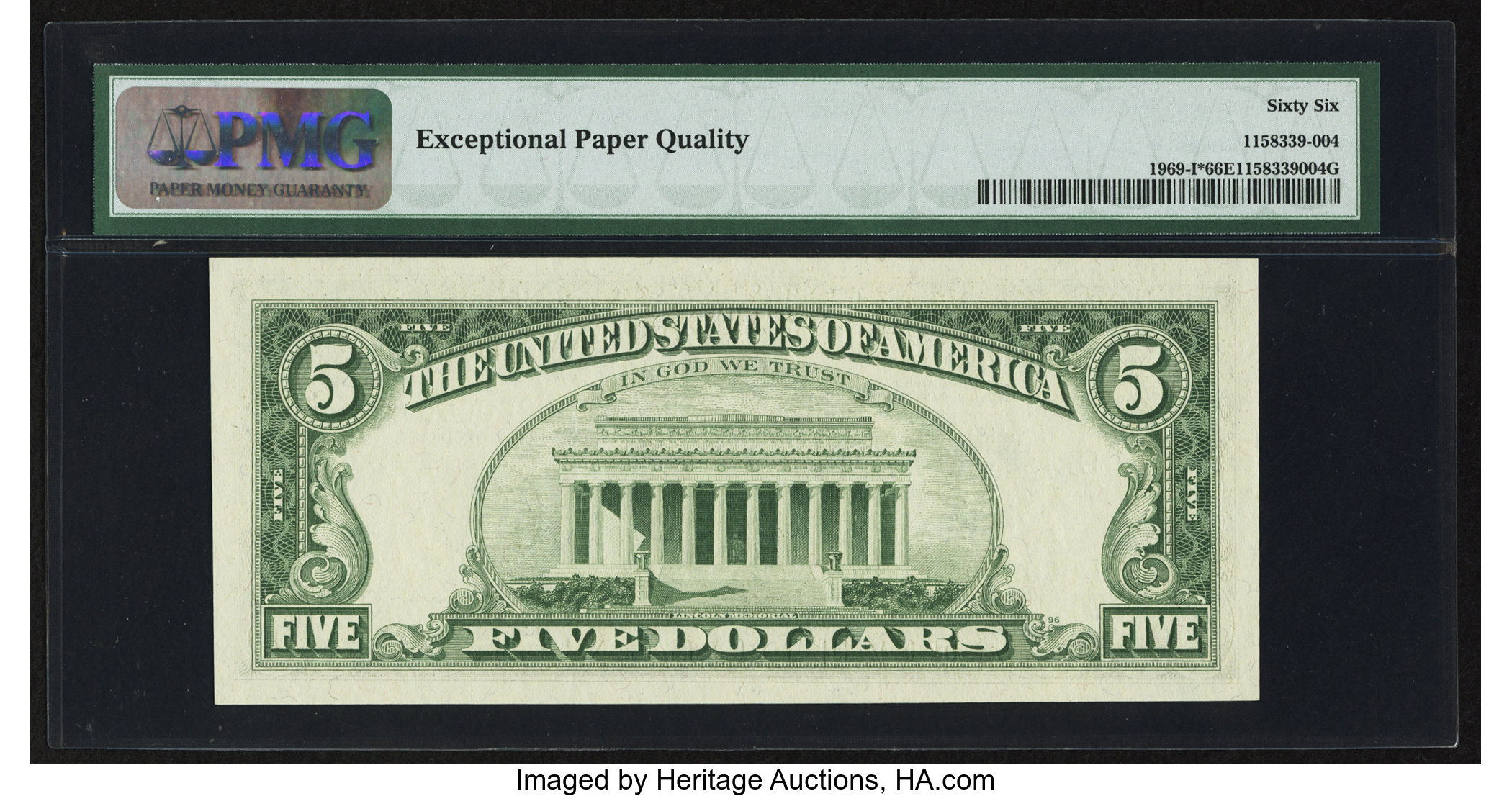 image for: Low Serial Number I00000060* Fr. 1969-I* $5 1969 Federal Reserve Note. PMG Gem Uncirculated 66 EPQ....