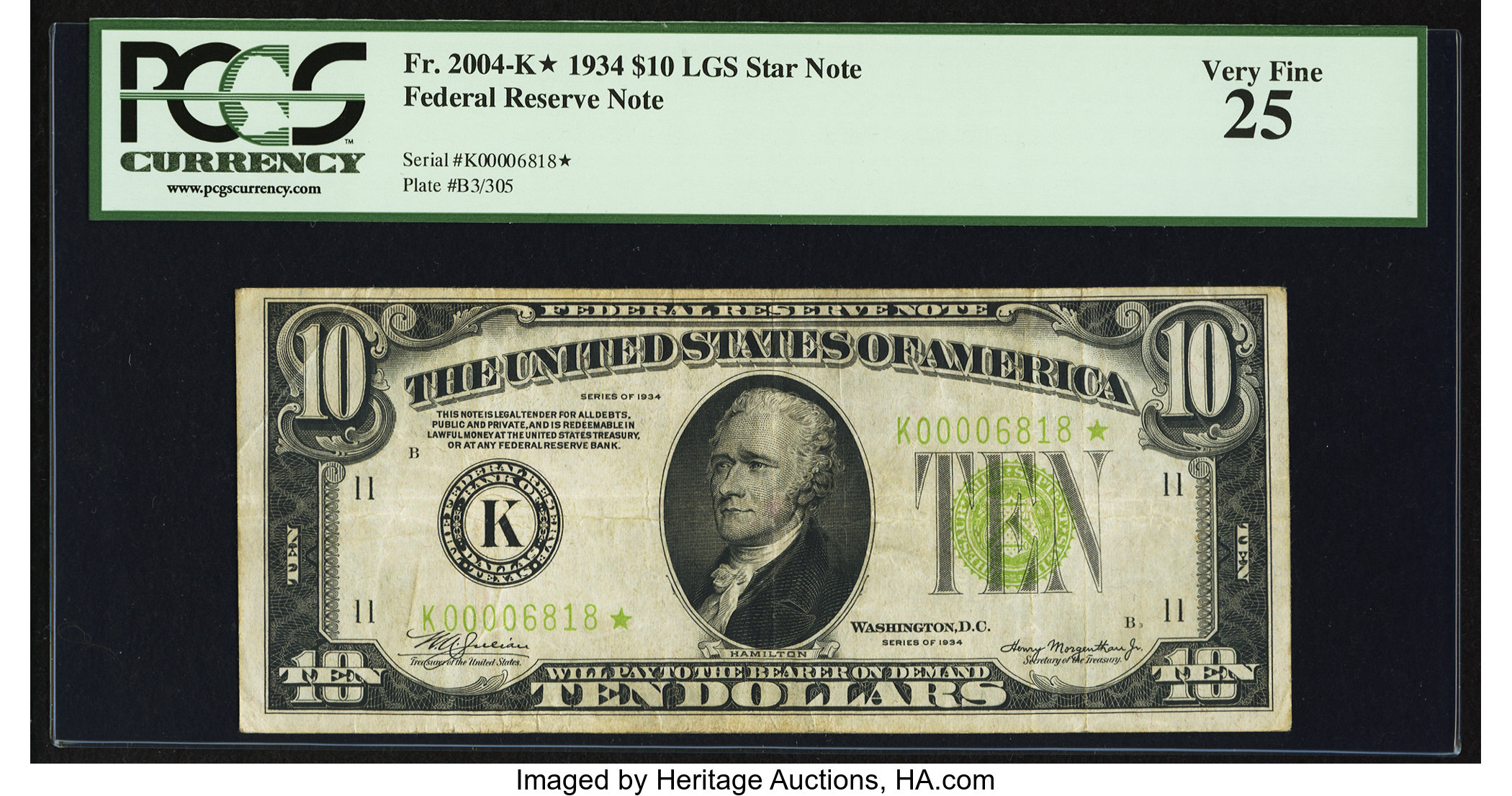 image for: Fr. 2004-K* $10 1934 Light Green Seal Federal Reserve Note. PCGS Very Fine 25....
