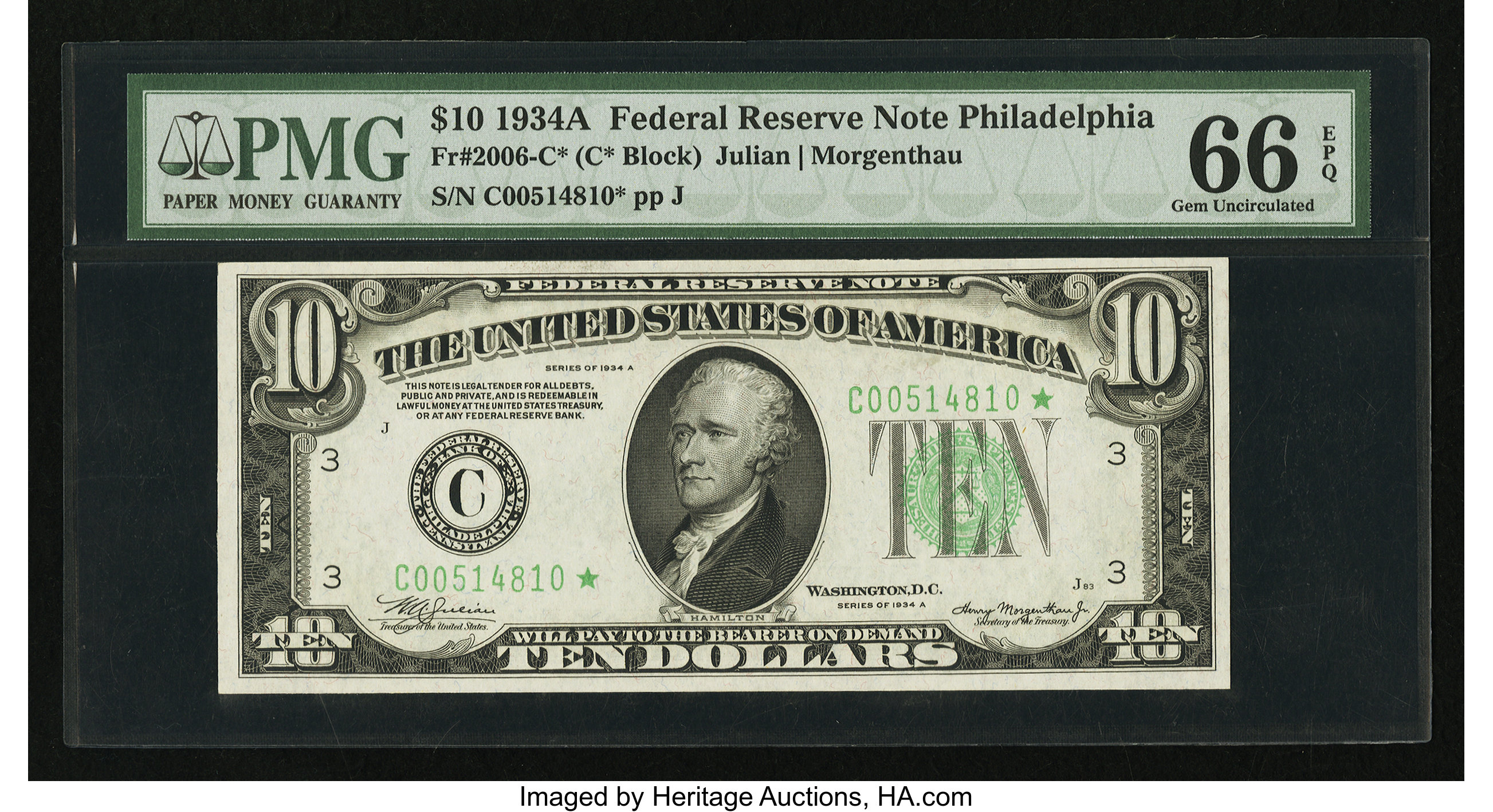 image for: Fr. 2006-C* $10 1934A Federal Reserve Note. PMG Gem Uncirculated 66 EPQ....