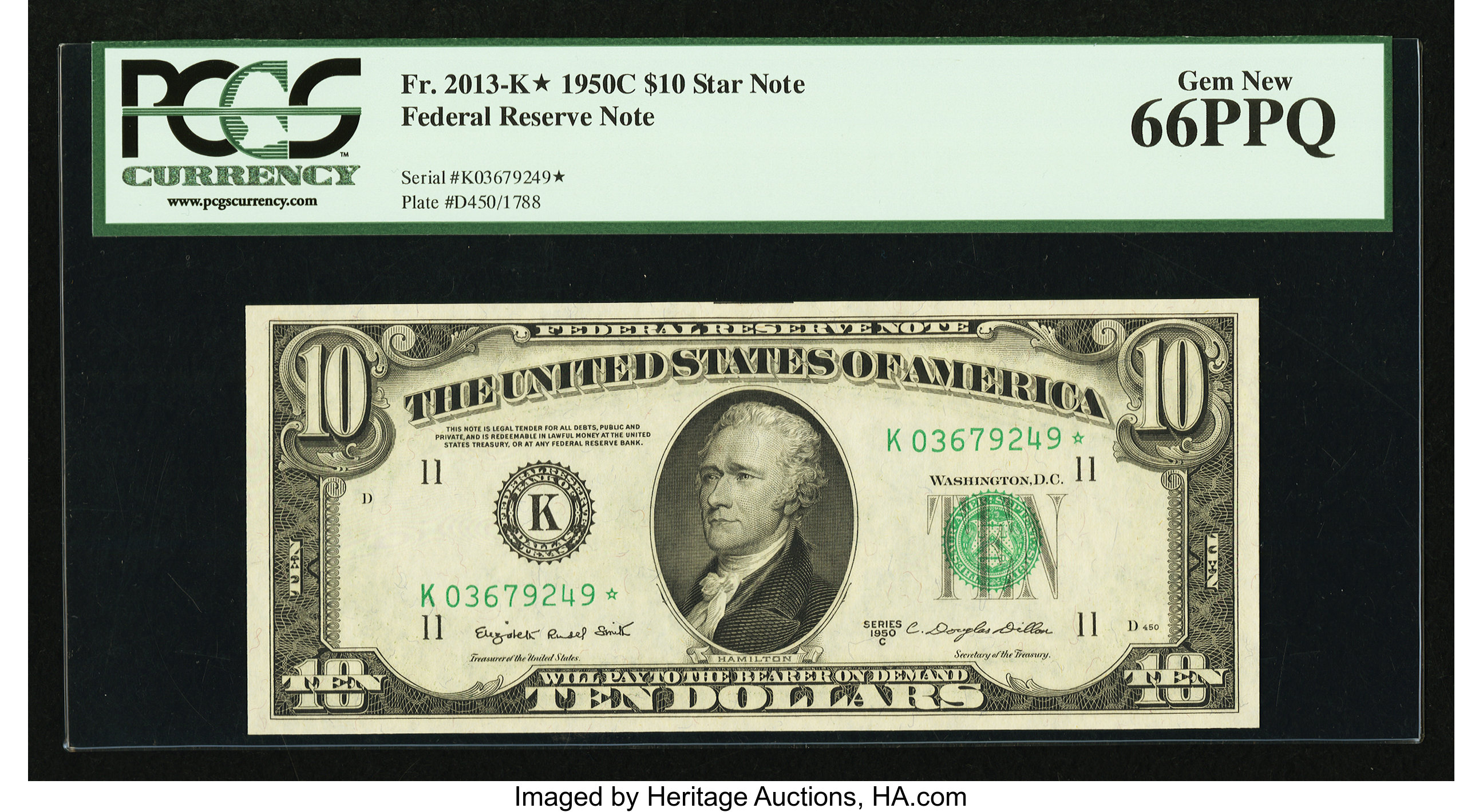 image for: Fr. 2013-K* $10 1950C Federal Reserve Note. PCGS Gem New 66PPQ....