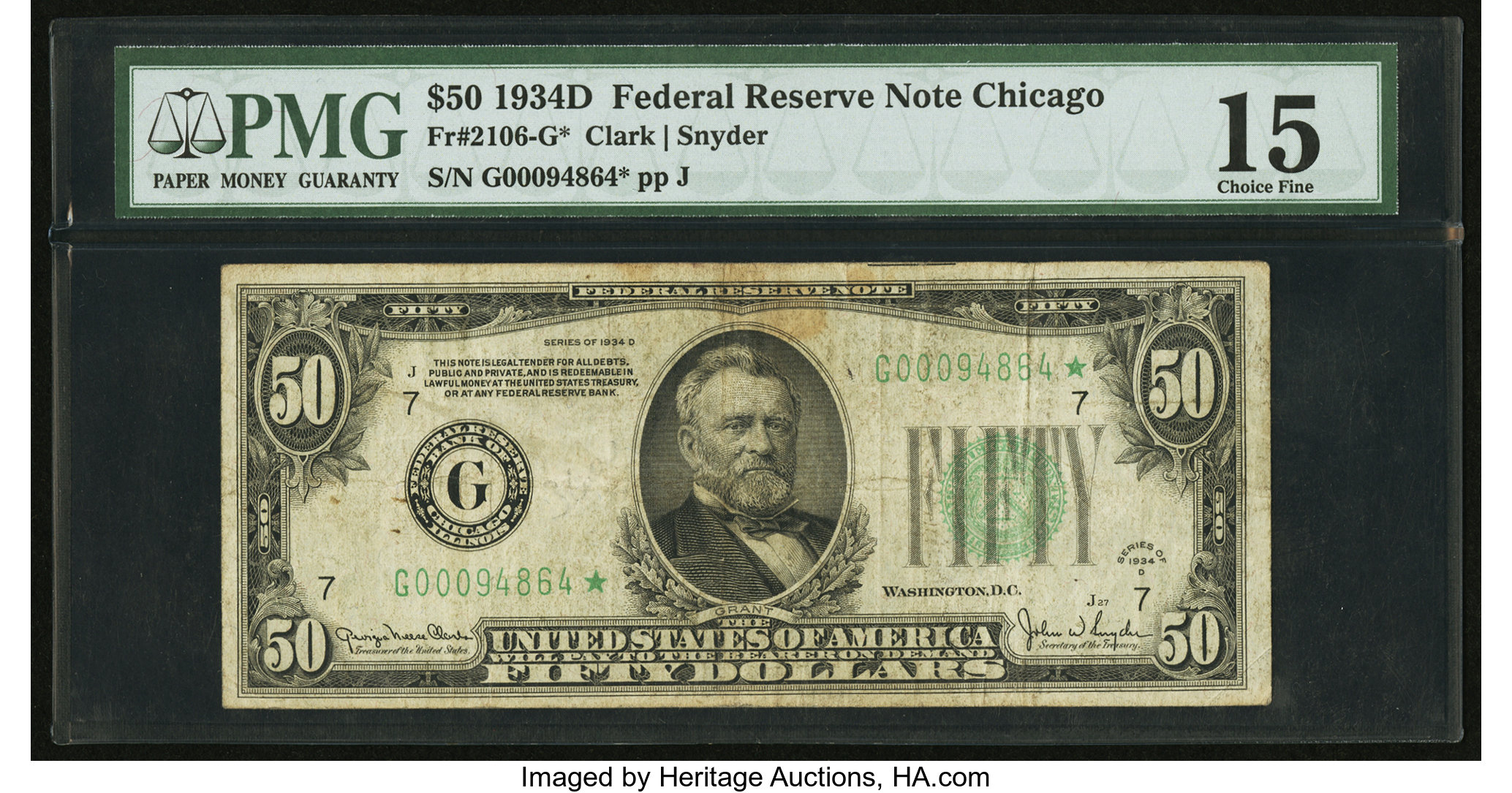 image for: Fr. 2106-G* $50 1934D Federal Reserve Note. PMG Choice Fine 15....