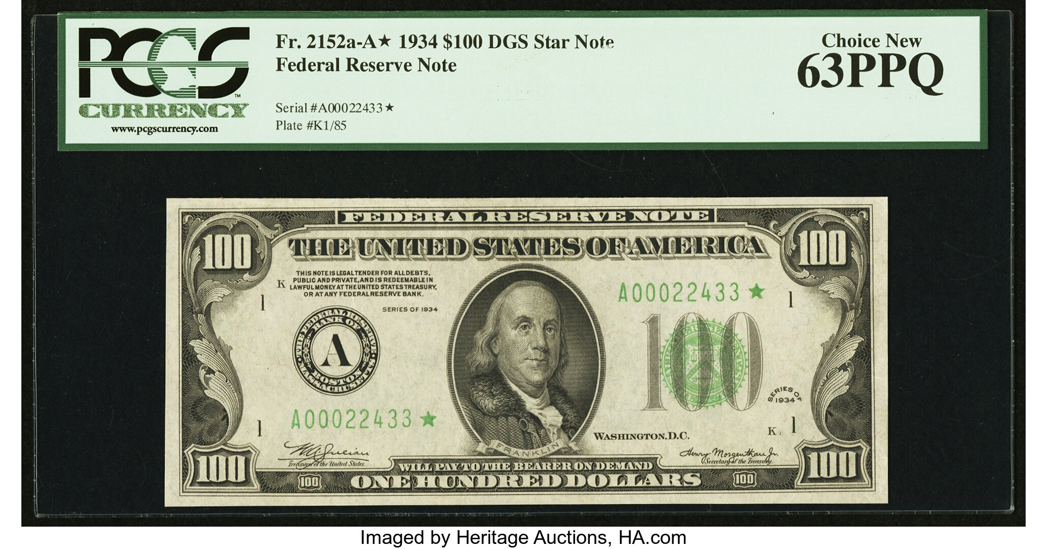 image for: Fr. 2152-A* $100 1934 Federal Reserve Note. PCGS Choice New 63PPQ....