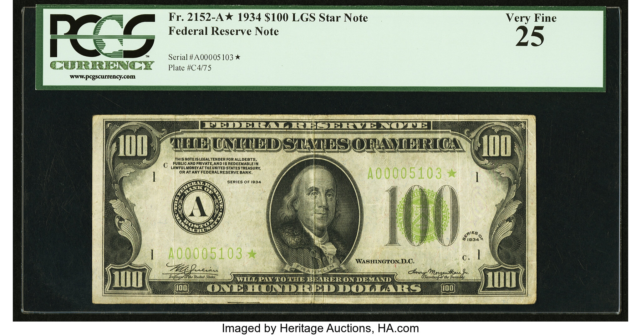 image for: Fr. 2152-A* $100 1934 Light Green Seal Federal Reserve Note. PCGS Very Fine 25....